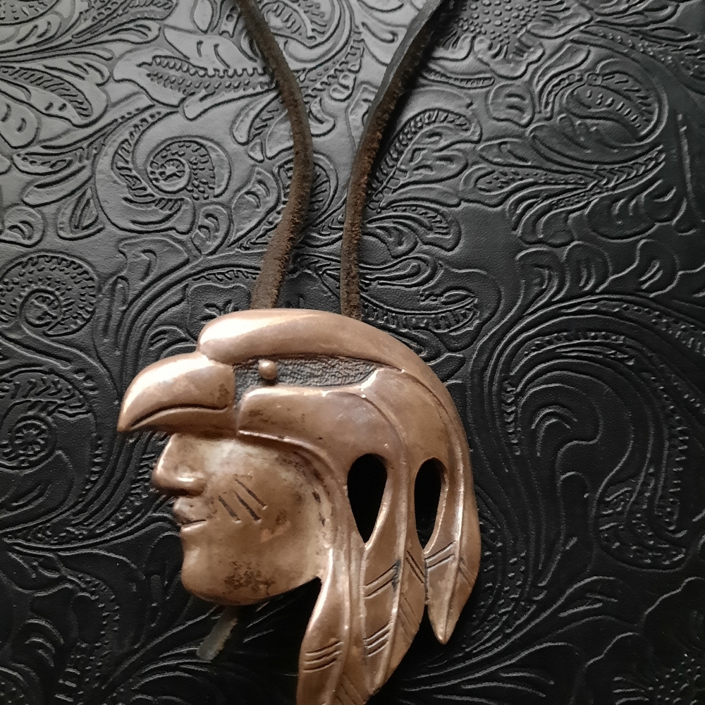Heavy Sterling Eagle Headdress Pendant w/ Leather Cord 1.77oz
